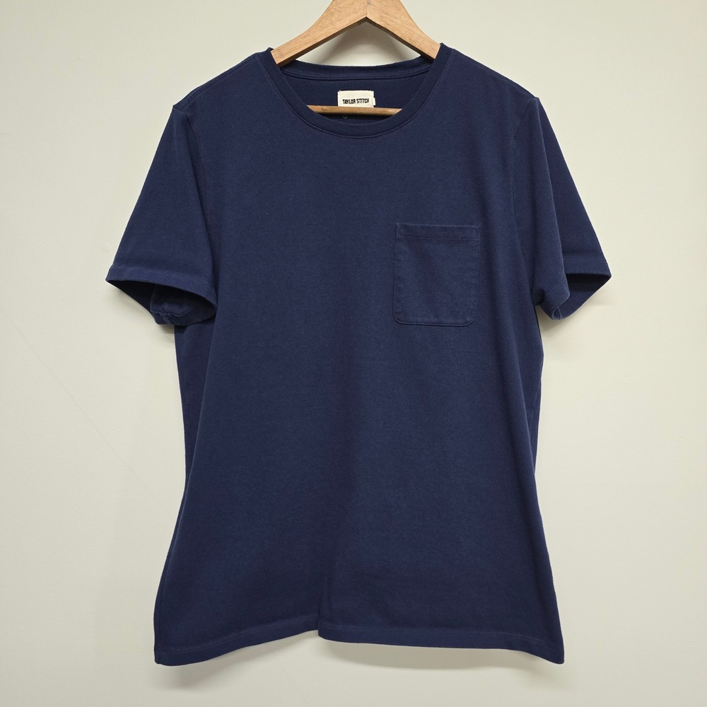 Taylor Stitch Heavy Bag Tee Mens 42 Large Navy Recycled Cotton Pocket T-Shirt